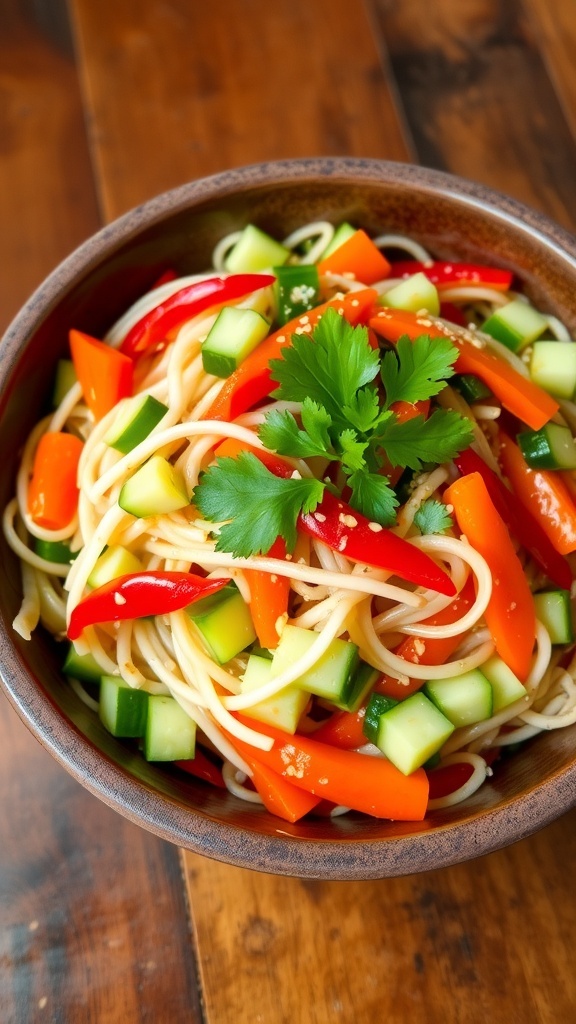 Refreshing Noodle Salad Recipe A vibrant noodle salad with colorful vegetables and rice noodles, garnished with cilantro and sesame seeds.